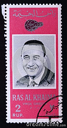 Post stamp Ras Al Khaima, 1966, American astronauts series Virgil Ivan Grissom Editorial Stock Photo