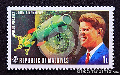 Post stamp Republic of Maldives, 1974, Apollo project president J.F. Kennedy Editorial Stock Photo