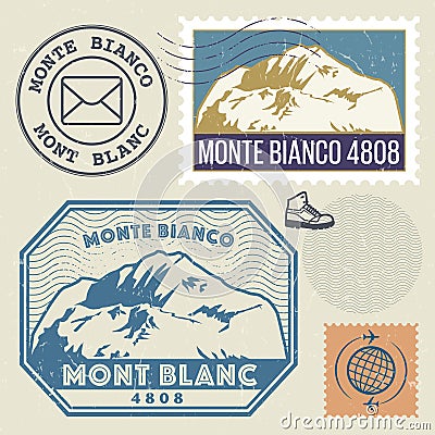 Post stamp set with the Mont Blanc Monte Bianco Vector Illustration