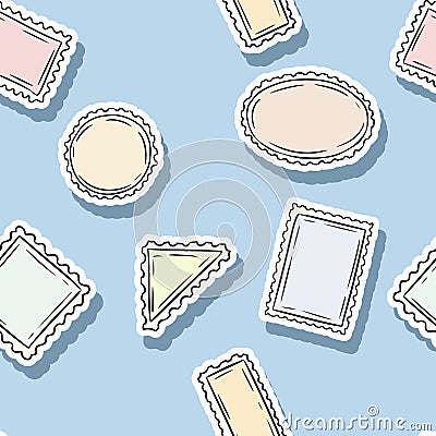 Post stamp stickers seamless pattern. Colorful label background Vector Illustration