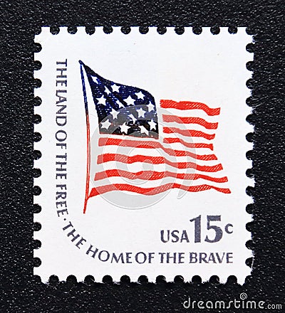 Unused post stamp USA, 1978, Flag, land of the free, home of the brave Editorial Stock Photo