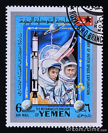 Post stamp Yemen, 1969, History of outer space exploration, Gemini 10 Editorial Stock Photo