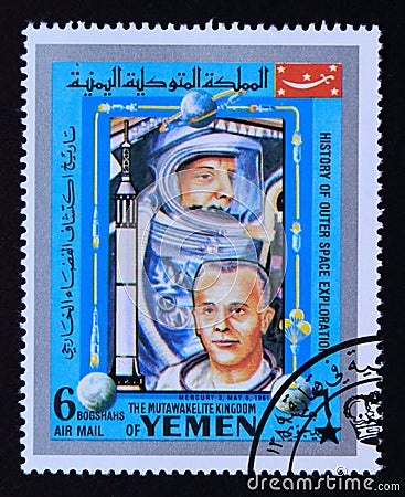 Post stamp Yemen, 1969, History of outer space exploration, Mercury 3 Editorial Stock Photo