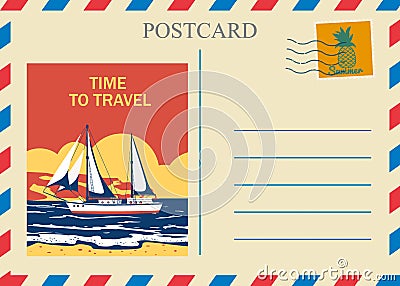 Postacrd summer vintage Sailboat ocean. Vacation travel design card with postage stamp. Vector illustration isolated Vector Illustration