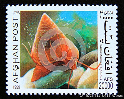 Postage stamp Afghanistan 1999. European Painted Topshell Calliostoma zizyphinum snail Editorial Stock Photo