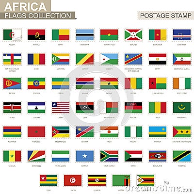 Postage stamp with Africa flags. Set of 53 African flag. Vector Illustration