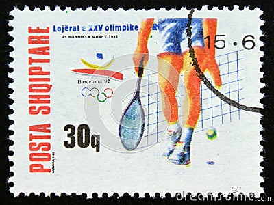 Postage stamp Albania 1992, Tennis Summer Olympics 1992 Barcelona Editorial Stock Photo