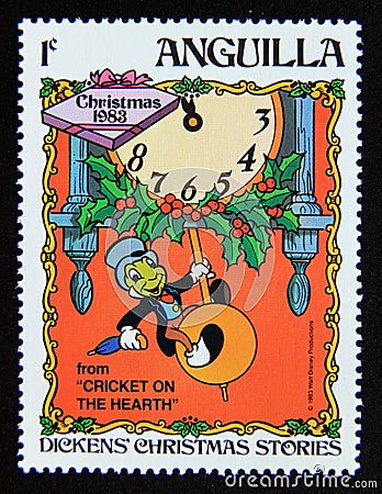 Postage stamp Anguilla 1983. Jiminy Cricket and the clock. Editorial Stock Photo