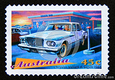 Postage stamp Australia, 1997. Chrysler Valiant `R` Series Sedan, 1962 Classic Car Editorial Stock Photo
