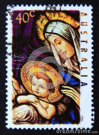 Postage stamp Australia, 1995. Madonna and Child Christmas stained glass Editorial Stock Photo