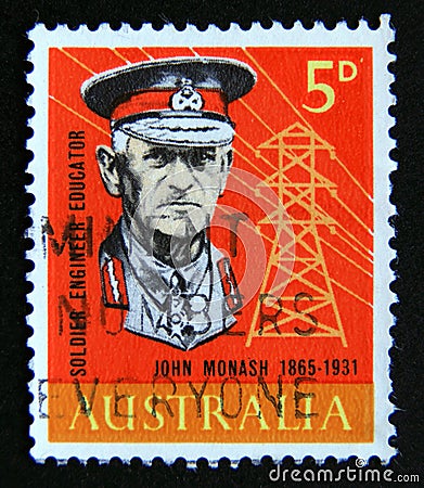 Postage stamp Australia, 1965. Sir John Monash portrait Editorial Stock Photo