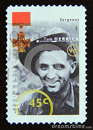 Postage stamp Australia, 1995. Tom Derrick Sergeant and Victoria Cross Editorial Stock Photo