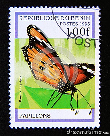 Postage stamp Benin, 1996. African Monarch Danaus chrysippus butterfly Editorial Stock Photo