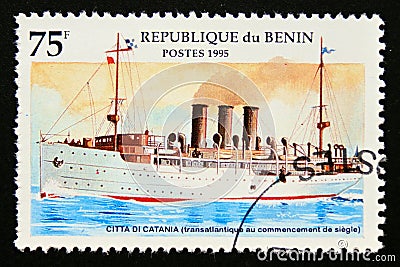 Postage stamp Benin, 1995, Citta di Cattania transatlantic 1900 Editorial Stock Photo