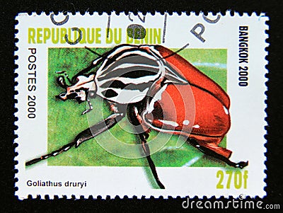 Postage stamp Benin, 2000. Goliath Beetle Goliathus druryii insect Editorial Stock Photo