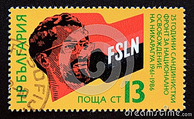 Postage stamp Bulgaria, 1986. Carlos Fonseca Amador, FSLN Flag Editorial Stock Photo
