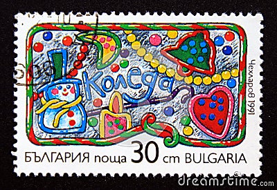 Postage stamp Bulgaria, 1991. Snowman, moon, candle, bell and heart Editorial Stock Photo