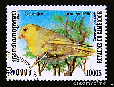 Postage stamp Cambodia, 1999. American Yellow Warbler Dendroica petechia bird Editorial Stock Photo