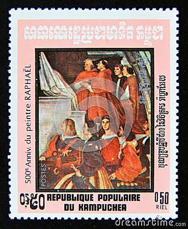 Postage stamp Cambodia 1983. Details from Mass of Bolsena, RaphaÃ«l painting Editorial Stock Photo