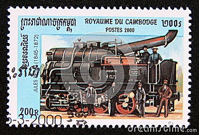 Postage stamp Cambodia 2000. Jules Petiet 1845 steam locomotive Editorial Stock Photo