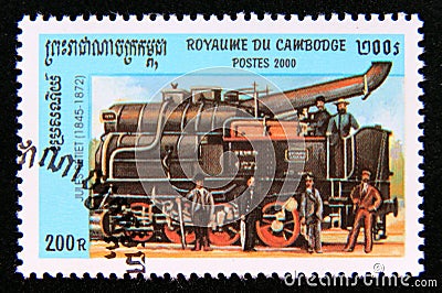 Postage stamp Cambodia 2000. Old Jules Petiet 1845 1872 steam locomotive Editorial Stock Photo