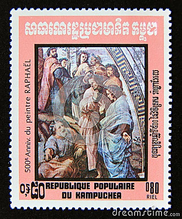 Postage stamp Cambodia 1983. Parnassus Details Horace, Ovid and others, RaphaÃ«l painting Editorial Stock Photo