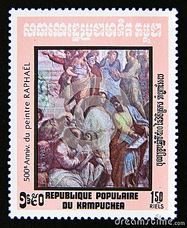 Postage stamp Cambodia 1983. School at Athens, details Telange, Pythagoras, RaphaÃ«l painting Editorial Stock Photo