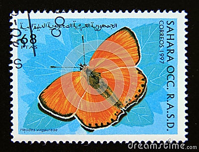 Postage stamp Cinderella, 1997. Scarce Copper Heodes virgaureae butterfly Editorial Stock Photo