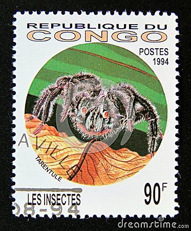 Postage stamp Congo Republic Brazzaville, 1994. Tarantula spider Family: Theraphosidae insect Editorial Stock Photo