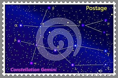 Postage stamp Constellation Gemini with a frame simple perforation. Vector illustration. Vector Illustration