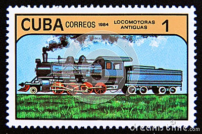 Postage stamp Cuba 1984. Antique Steam Locomotive Editorial Stock Photo