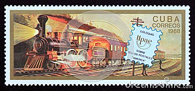 Postage stamp Cuba 1988. Antique Steam Locomotive UPAE Emblem, Train Editorial Stock Photo