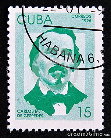 Postage stamp Cuba 1996. Carlos M. Cespedes portrait Editorial Stock Photo