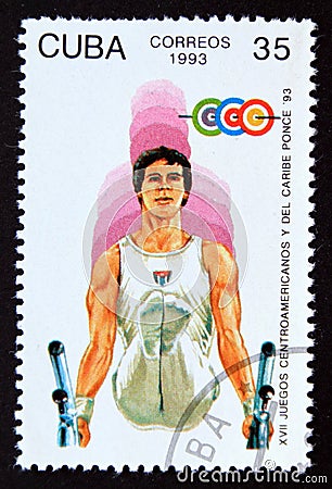 Postage stamp Cuba 1993, Gymnastics game contestants Editorial Stock Photo