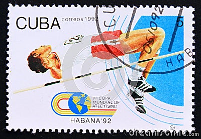 Postage stamp Cuba 1992, High Jump athlete Editorial Stock Photo