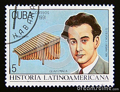 Postage stamp Cuba 1991. Ricardo Castillo and marimba Guatemala Editorial Stock Photo