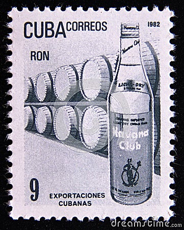 Postage stamp Cuba 1982. Rum bottle and wooden barrels Editorial Stock Photo