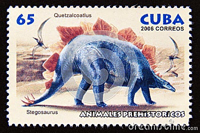 Postage stamp Cuba, 2006. Stegosaurus, quetzalcoatlus prehistoric dinosaur Editorial Stock Photo