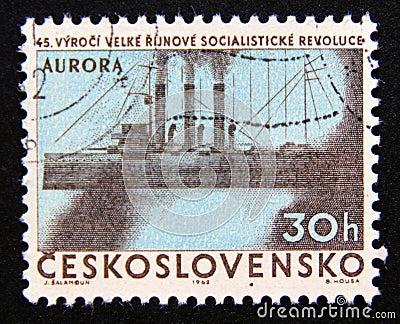 Postage stamp Czechoslovakia, 1962. Cruiser Aurora warship Editorial Stock Photo