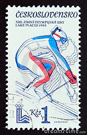 Postage stamp Czechoslovakia 1980, Olympic games downhill skiing Editorial Stock Photo