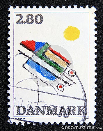 Postage stamp Denmark, 1987. Abstract art painting by Ejler Bille Editorial Stock Photo