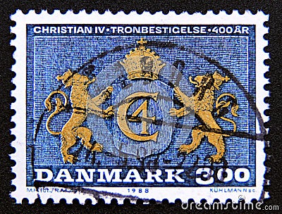 Postage stamp Denmark, 1988. Lions supporting Monogram king Christian IV Editorial Stock Photo