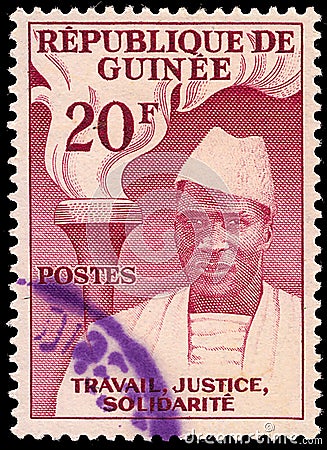 Postage stamp depicting the President of the Republic of Guinea Ahmed Sekou Ture, dedicated to the independence of the country Editorial Stock Photo