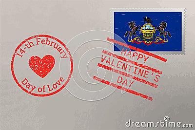Postage stamp envelope with Pennsylvania US flag and Valentine s Day stamps, vector Stock Photo
