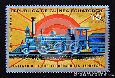 Postage stamp Equatorial Guinea 1972. Type 7100 1880 old steam locomotive Editorial Stock Photo