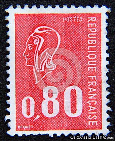 Postage stamp France, 1974, Marianne type Bequet 3 strips phosphorus Editorial Stock Photo