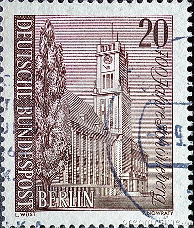 A postage stamp from Germany, Berlin showing the SchÃ¶neberger ..town hall. 700 years of SchÃ¶neberg Editorial Stock Photo