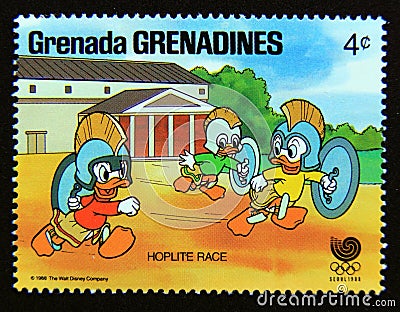 Postage stamp Grenada Grenadines 1988. Hoplite race - Huey, Louie, Dewey Duck Editorial Stock Photo