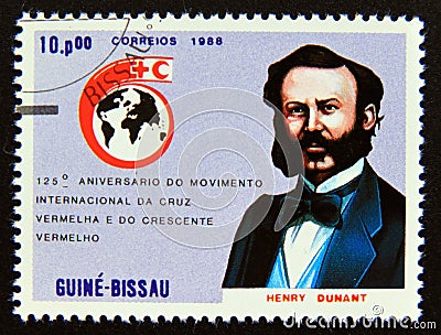 Postage stamp Guinea Bissau, 1988. Henry Dunant Editorial Stock Photo