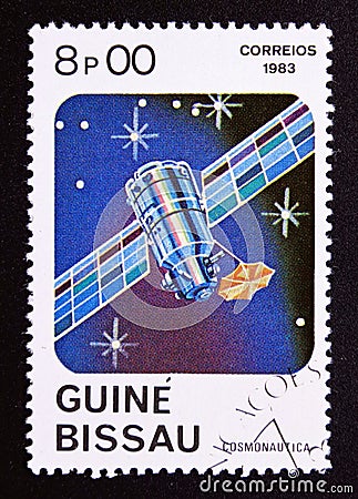 Postage stamp Guinea Bissau, 1983, Telecommunication satellite Editorial Stock Photo